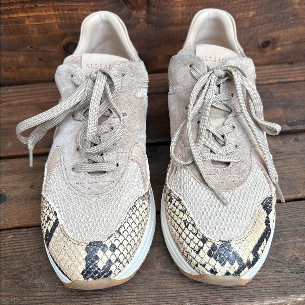 AllSaints Skye Snake Print Sneakers EU 38 Leather Suede Chunky Trainer